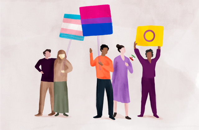 A drawing of several people holding up LGBTQI+ flags