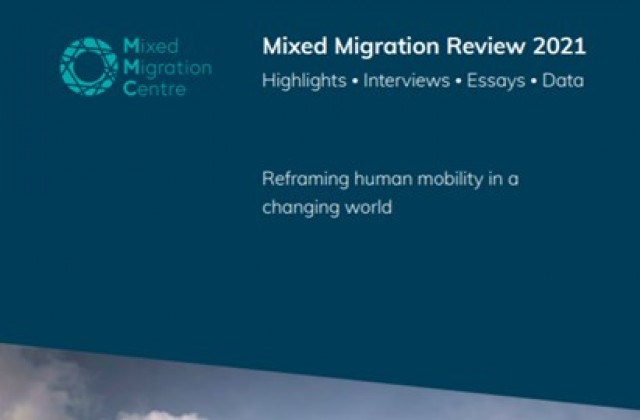 Cover page of the Mixed Migration Review 2021, people sitting on a rock