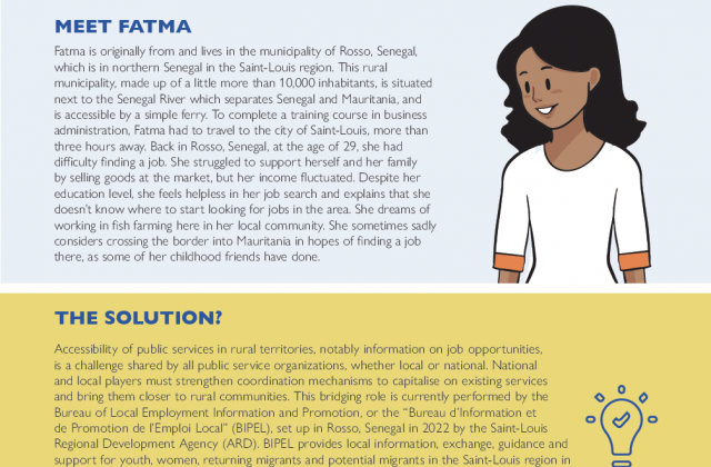 Cover page of the Saint-Louis case study, with text and an illustration of a woman named Fatma with black hair and a white shirt.