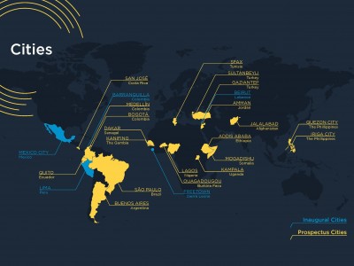 A dark blue map of the world with the cities selected for the Global Cities Fund highlighted in yellow and light blue